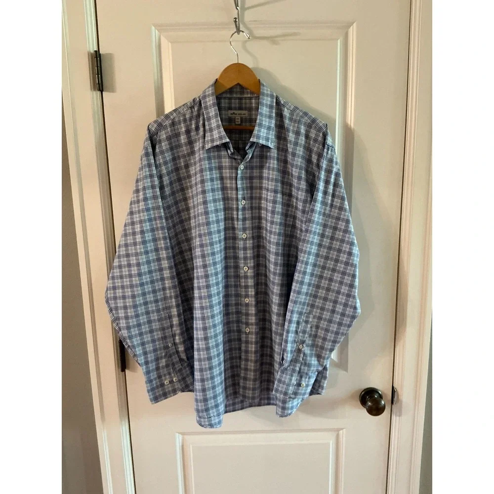 Peter Millar‎ XXL Blue Plaid Long Sleeve Button Down Shirt Cotton Stretch